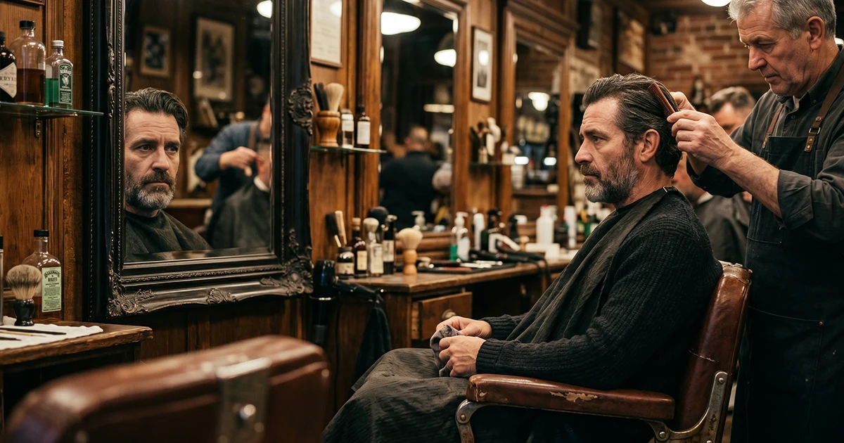 Adana'da loş ışıklı bir berber salonunda tıraş olurken aynaya düşünceli şekilde bakan yetişkin erkek.
